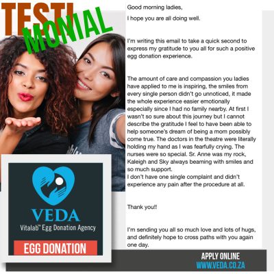 Egg donor testimonial about positive egg donation experience at VEDA South Africa